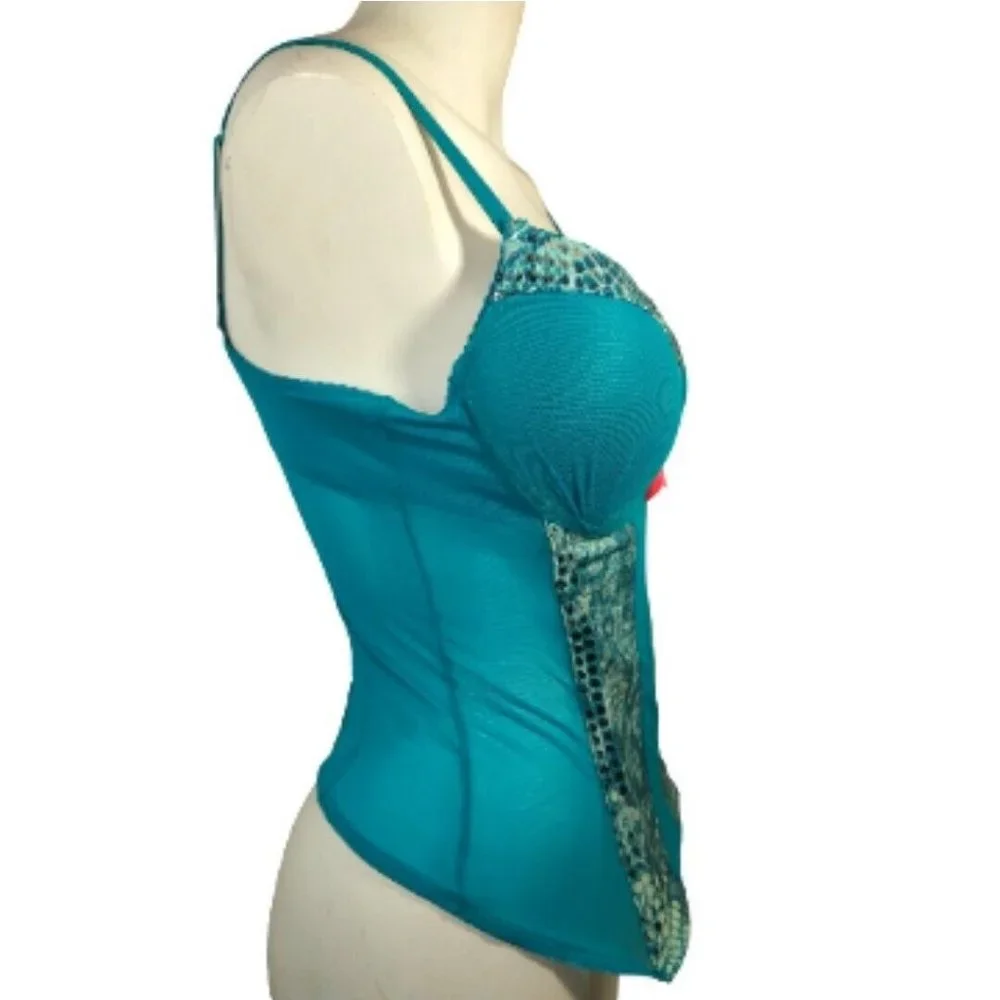 Vintage Bustier Corset Lingerie L Teal Blue Silver Sequin Underwired Pink Ribbon - Picture 7 of 8